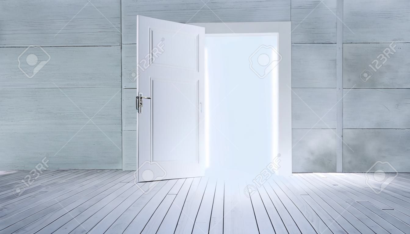 Light entering from white wooden open door to empty room with concrete wall and white wooden parquet floor realistic 3D rendering 