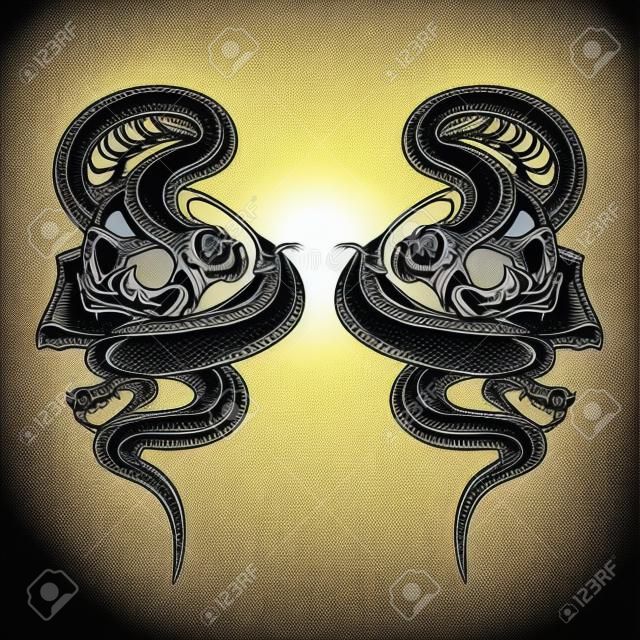 illustration vectorielle de crâne et de serpent. conception de tatouage. encrage travail noir. tirage à la main. pour t-shirt, carte, logo et papier peint.