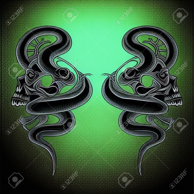 illustration vectorielle de crâne et de serpent. conception de tatouage. encrage travail noir. tirage à la main. pour t-shirt, carte, logo et papier peint.