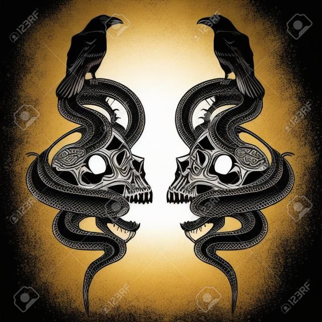 skull raven crow and snake vector illustration. tattoo design. inking black work. hand draw. for t-shirt, card, logo, and wallpaper.