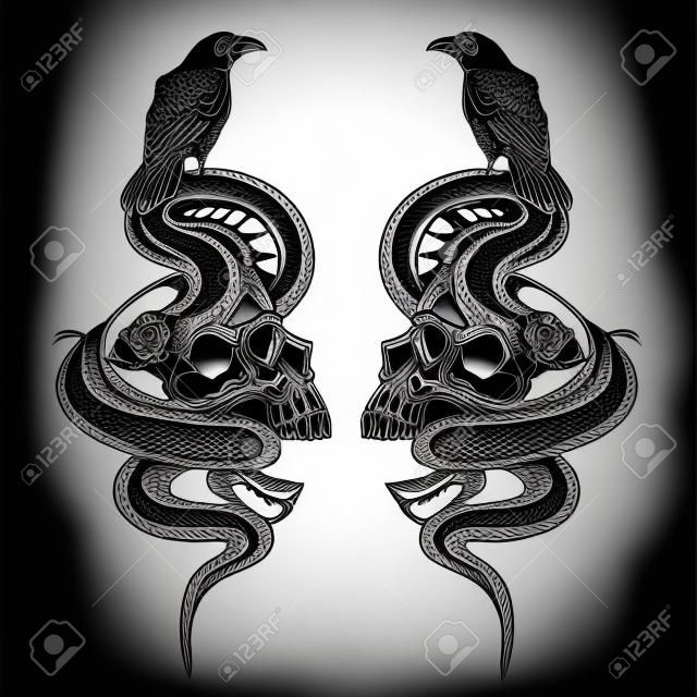 crâne corbeau corbeau et illustration vectorielle de serpent. conception de tatouage. encrage travail noir. tirage à la main. pour t-shirt, carte, logo et papier peint.