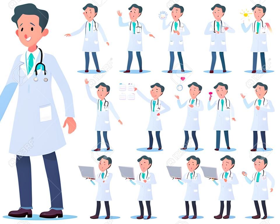 A set of doctor man with who express various emotions.There are actions related to workplaces and personal computers.It's vector art so it's easy to edit.