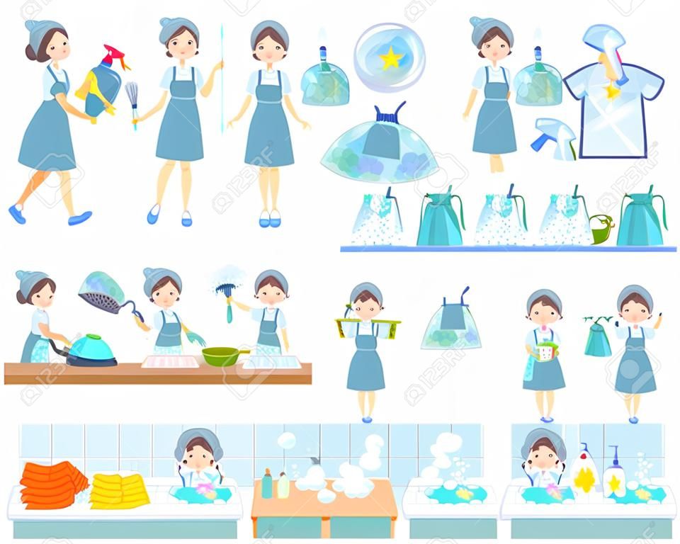 Zestaw mamy związany z pracami domowymi, takimi jak sprzątanie i pranie. Istnieją różne działania, takie jak gotowanie i wychowywanie dzieci. Jest to grafika wektorowa, więc łatwo ją edytować.