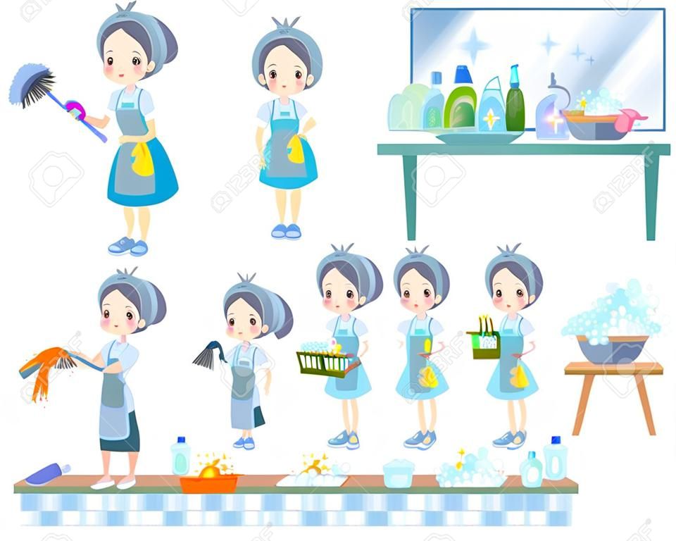 Un conjunto de mamá relacionado con la limpieza, como la limpieza y la lavandería. Hay varias acciones, como cocinar y criar a los niños. Es arte vectorial, por lo que es fácil de editar.
