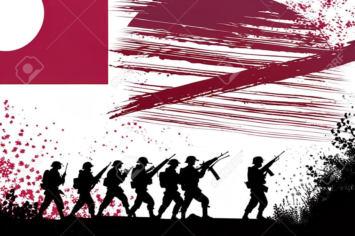 Silhouette group of soldiers in battlefield with Japanese flag as a background. All objects are grouped.
