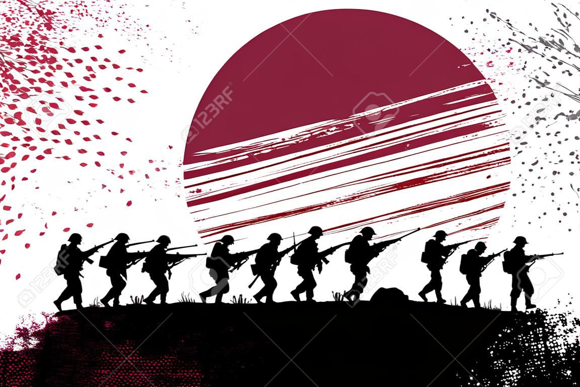 gruppo silhouette di soldati in battaglia con la bandiera giapponese come sfondo. Tutti gli oggetti sono raggruppati.