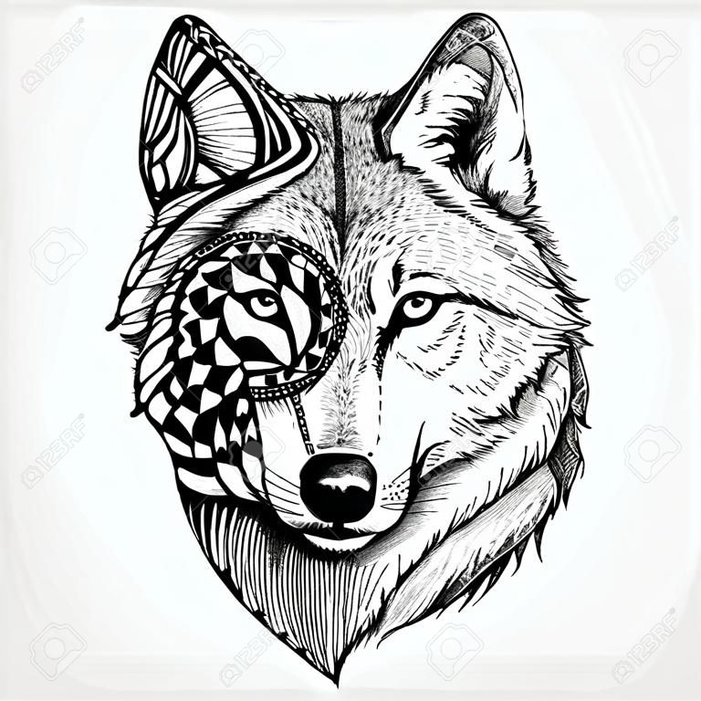 Disegnata a mano testa del lupo stilizzato