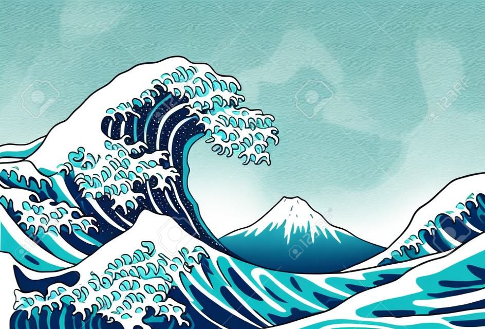 La grande vague, fond japon. main illustration tirée