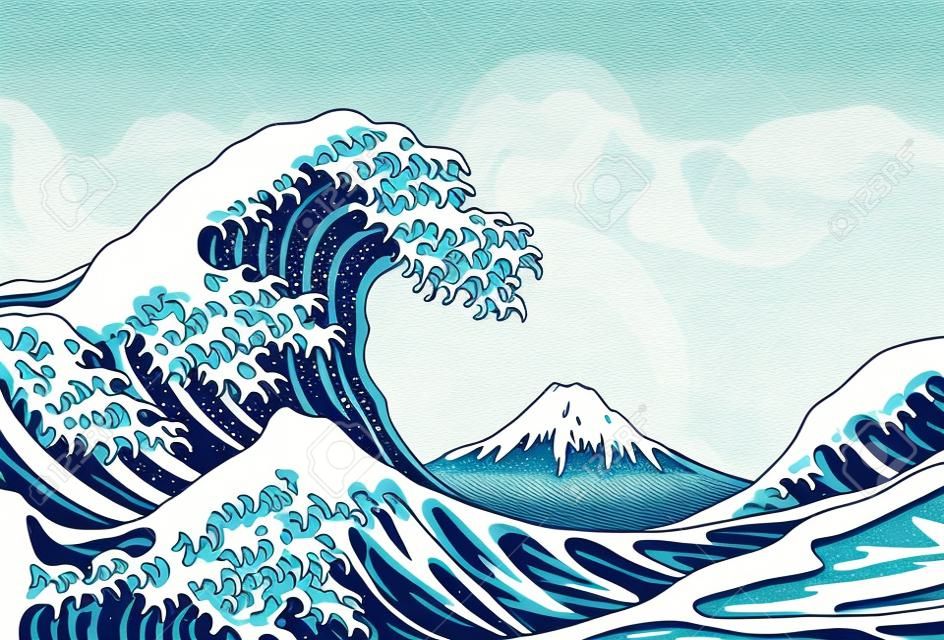 The great wave, japan background. hand drawn illustration