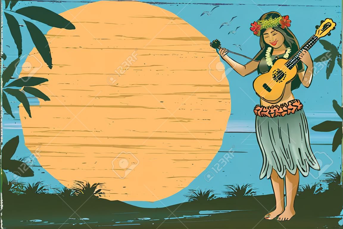 Hola tablero de letrero de verano, niña Hula tocando el ukelele, vector