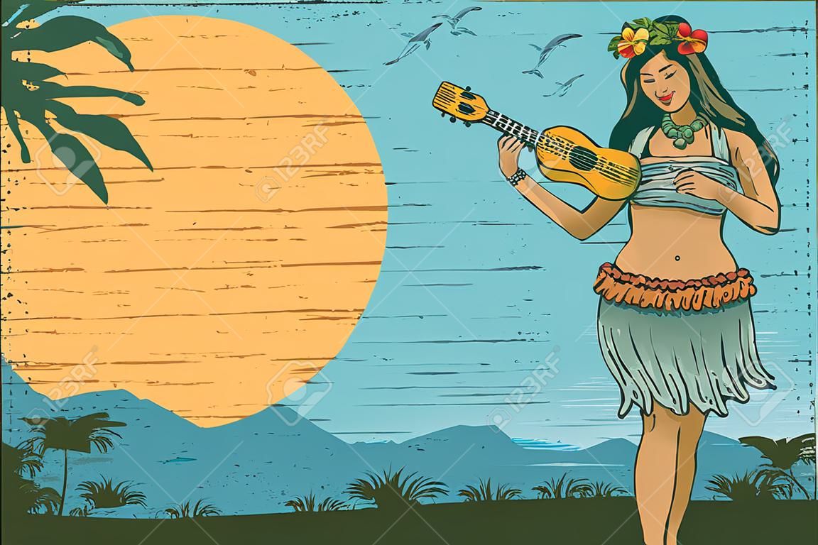 Привет, лето, вывеска, девушка хула играет на гавайской гитаре, вектор