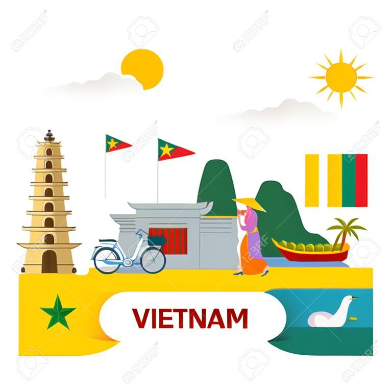 Design plano, Bem-vindo aos ícones e marcos do Vietnã, vetor