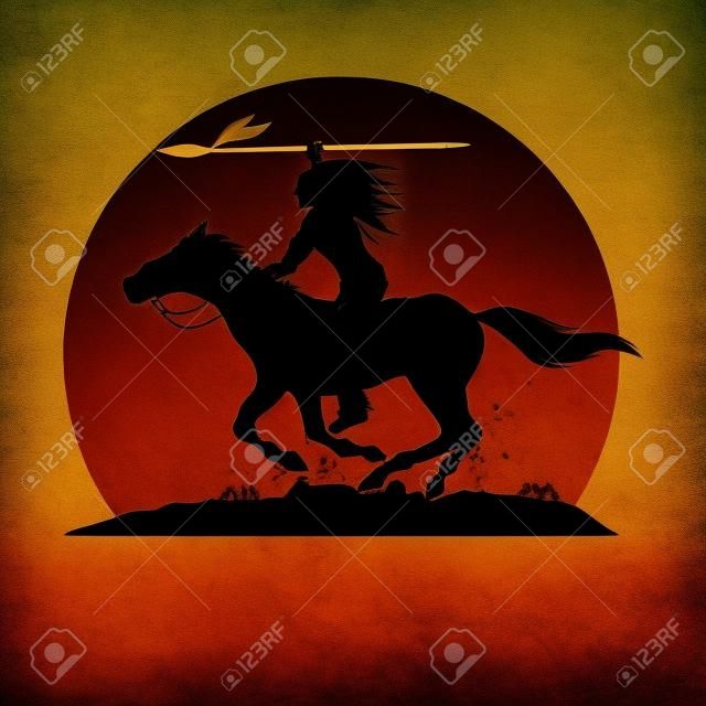 Silhouette de Native American Indian équitation à cheval avec une lance.