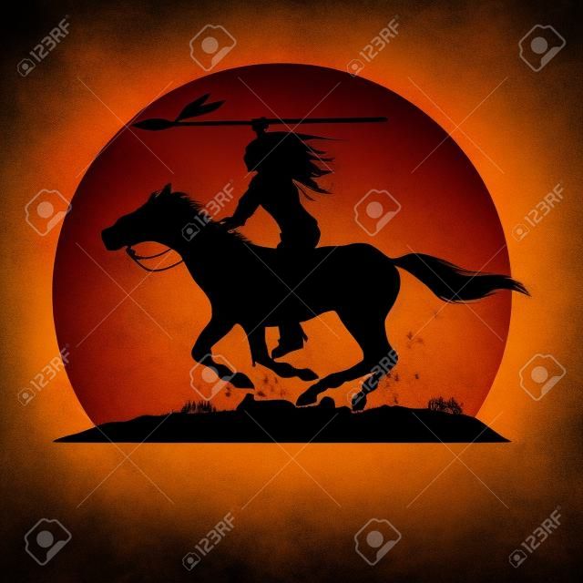 Silhouette van Indiaanse indianen paardrijden met een speer.