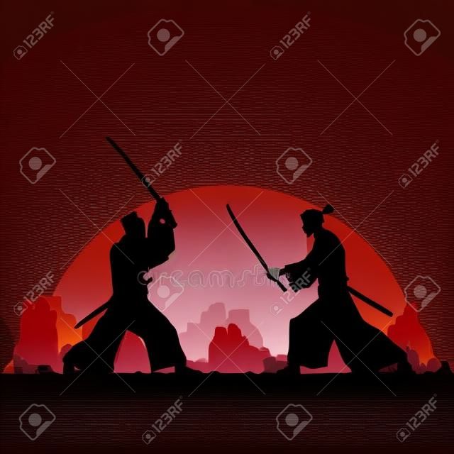 Sylwetka dwóch japońskich samurajów walczących na miecze, ilustracja wektorowa
