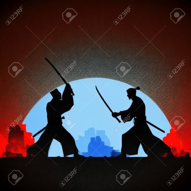 Sylwetka dwóch japońskich samurajów walczących na miecze, ilustracja wektorowa