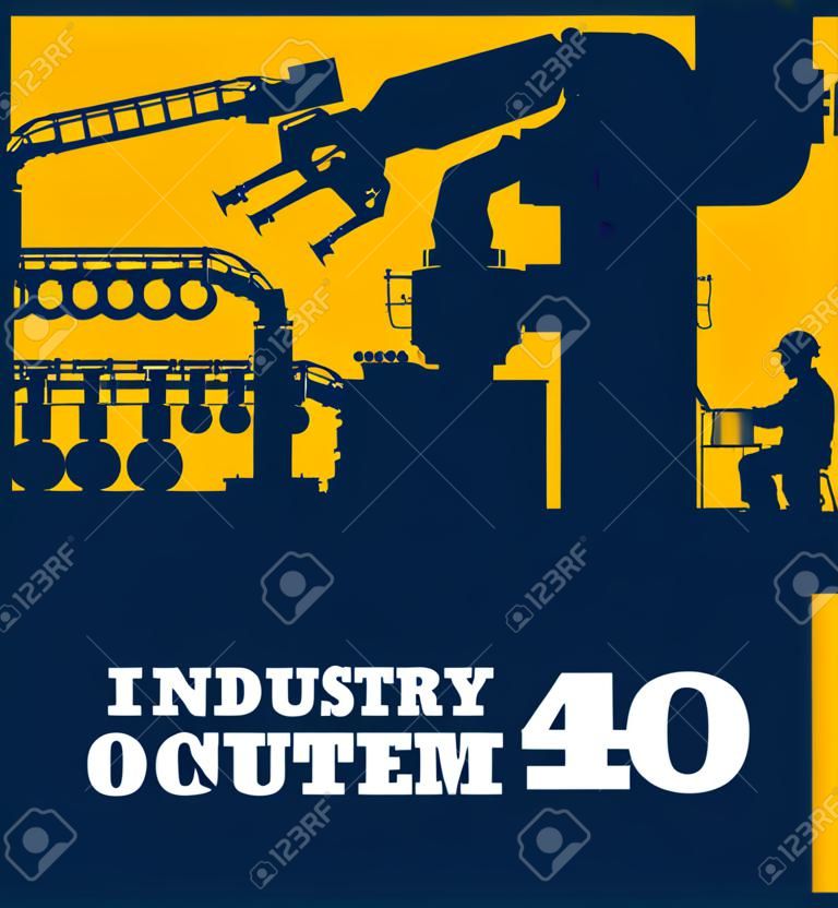Industry 4.0 concept, Silhouette of automated production line with worker. Vector