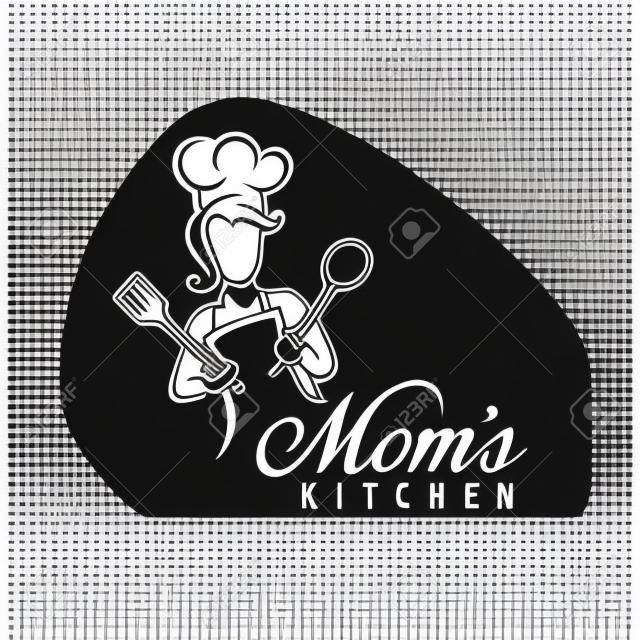 Ilustración de vector de logo de cocina de mamá con tipografía moderna. Logotipo de la mascota del chef.