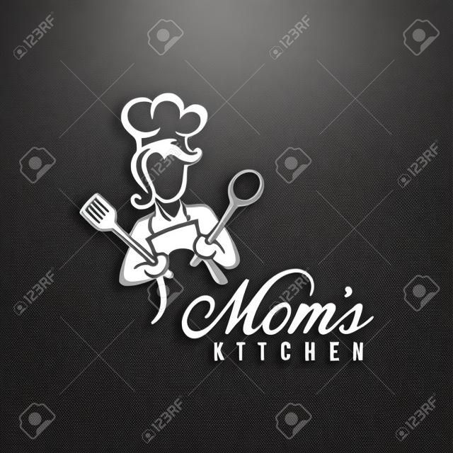 Mama-Küche-Logo-Vektor-Illustration mit moderner Typografie. Chef-Maskottchen-Logo.