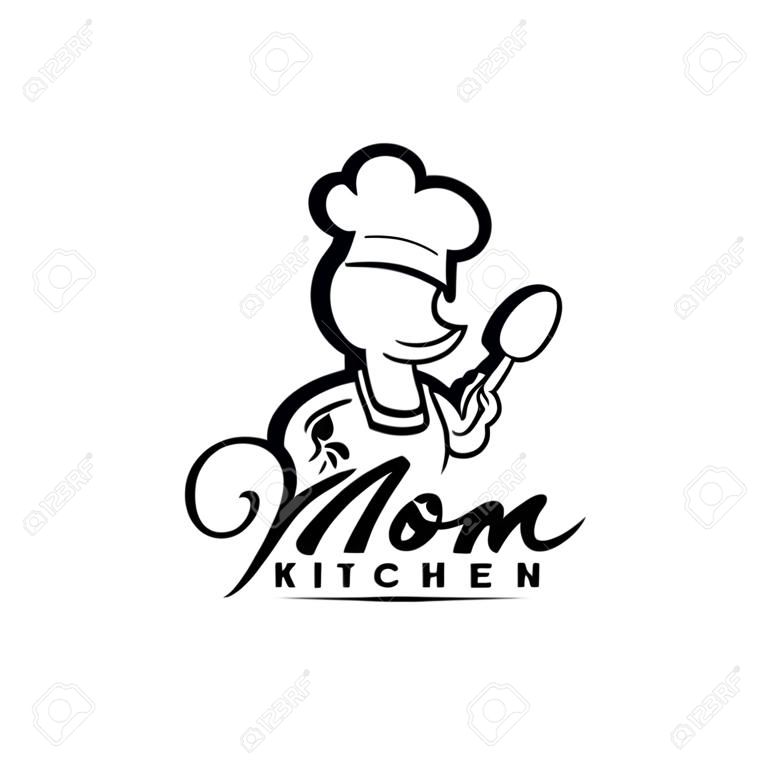 Mama-Küche-Logo-Vektor-Illustration mit moderner Typografie. Chef-Maskottchen-Logo.