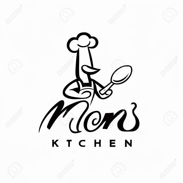 Ilustracja wektorowa logo mama kuchnia z nowoczesną typografią. Logo maskotki szefa kuchni.