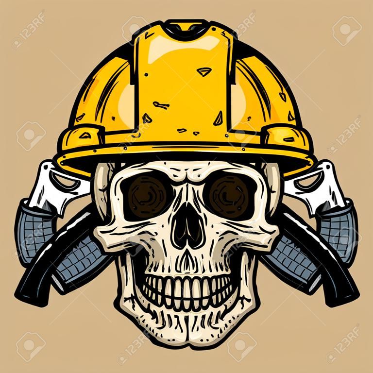 Constructeur de crânes. Crâne en casque avec deux marteaux croisés. Crâne de travailleurs.