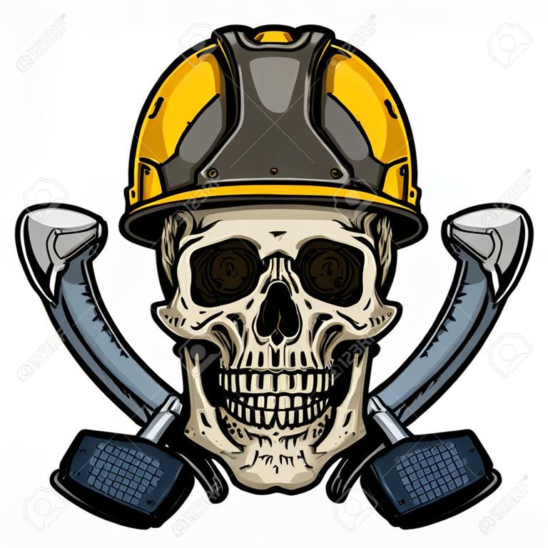 Constructeur de crânes. Crâne en casque avec deux marteaux croisés. Crâne de travailleurs.