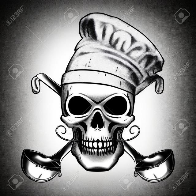Chef skull. Skull in toque with crossed serving spoon.