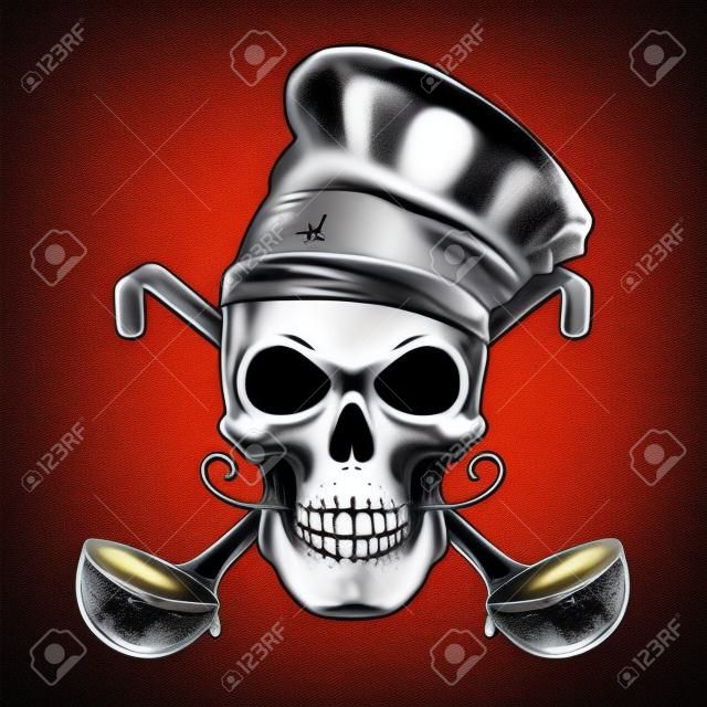 Chef skull. Skull in toque with crossed serving spoon.