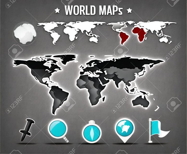 Mondo vettore mappa: politica, punteggiato, solido. Navigation Icon Pack.
