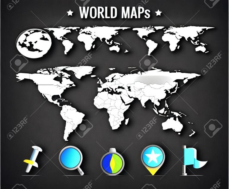 Mundial mapa vectorial: política, punteado, sólido. Icono de navegación de paquete.