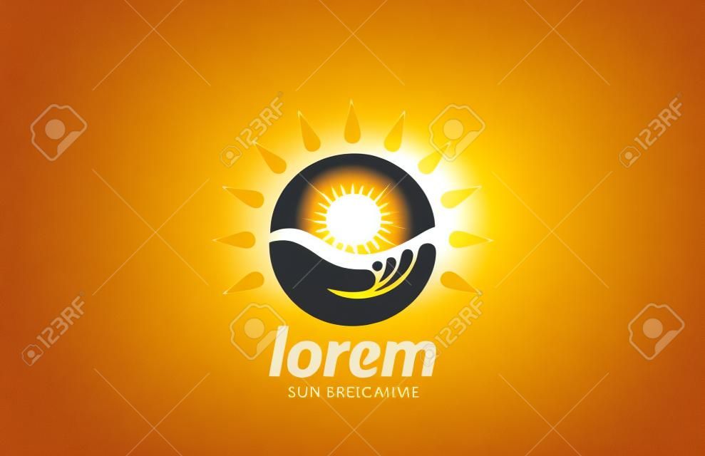 Sun-Logo-Design-Vorlage Vektor-Icon-Sonnenschutz-Symbol so schützen Sunblock Pflegekonzept in der Hand kreative Idee