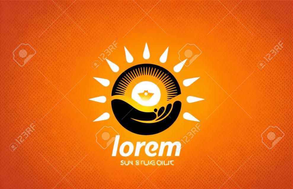 Sun-Logo-Design-Vorlage Vektor-Icon-Sonnenschutz-Symbol so schützen Sunblock Pflegekonzept in der Hand kreative Idee