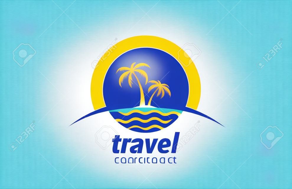 Utazási iroda vektor logo design sablon. Tengerpart, tenger, horizont, Palms, Nap - Kreatív koncepció.