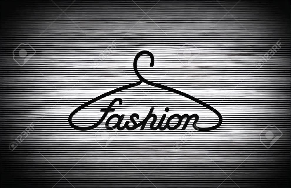 Akasztó Fashion szöveg Logo design bolt vektor sablon. Kreatív ötlet ruházat felsőruházat üzlet Logó koncepció ikon.