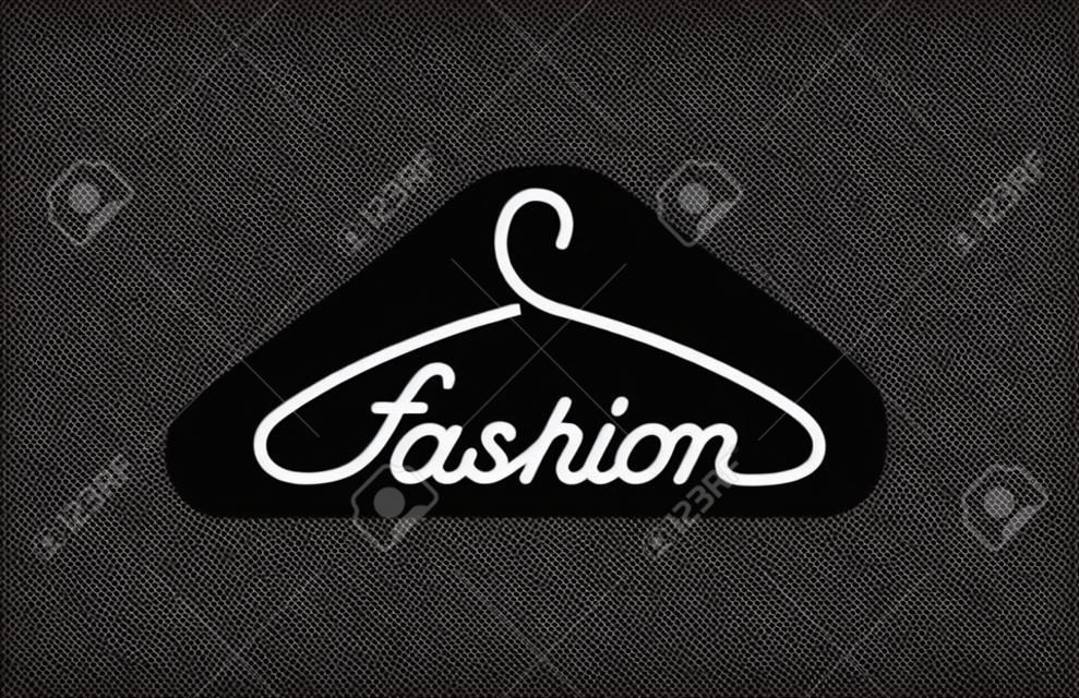 Hanger Moda testo Logo negozio modello di disegno vettoriale. Un'idea creativa per negozio di abbigliamento outwear concetto di logo icona.