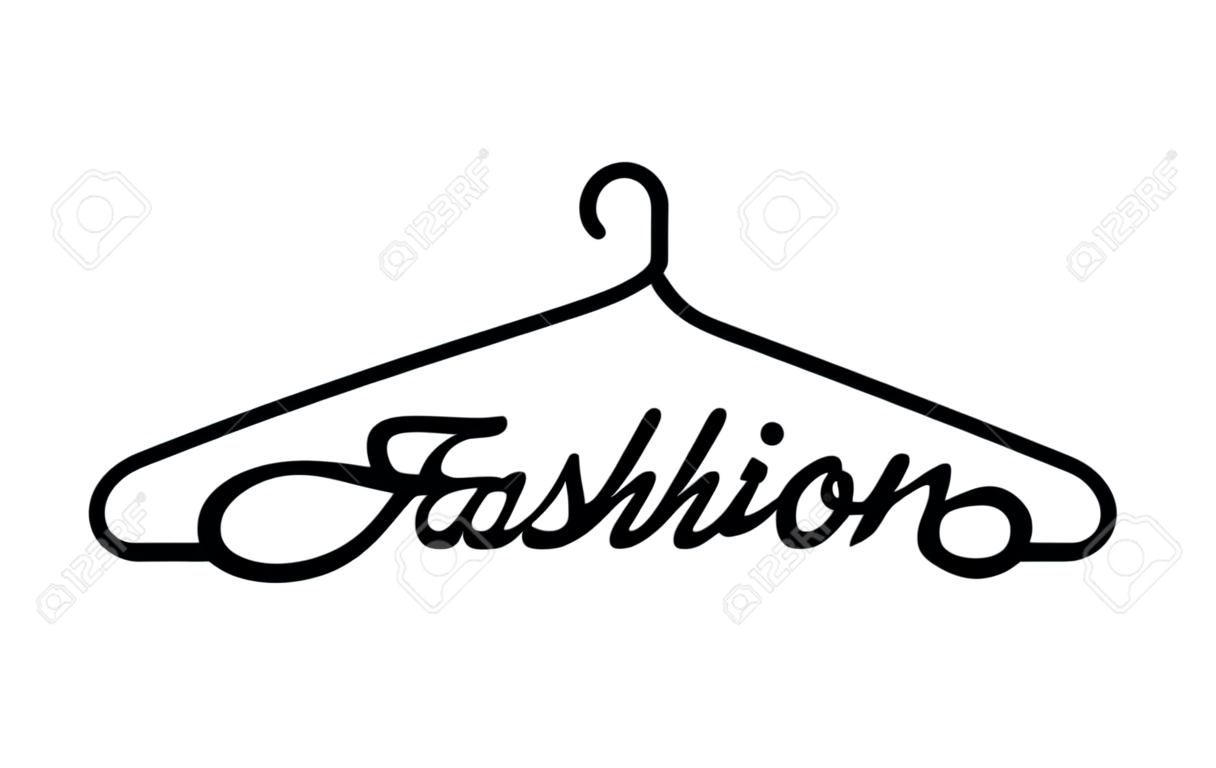 옷걸이 패션 텍스트 로고 저장소 디자인 벡터 템플릿입니다. 옷 착실히 보내다 가게 로고 개념 아이콘 창의적인 아이디어.