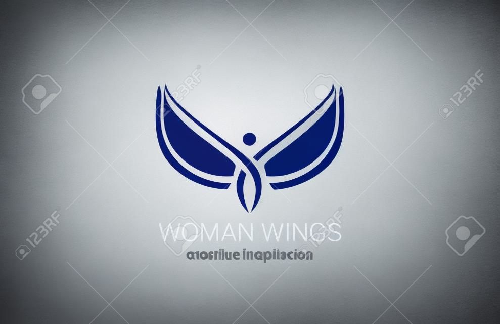 Flying Woman with Wings Logo modelo de vetor de design abstrato. Conceito criativo para a loja das mulheres: como fazer a mulher feliz. ícone do logotipo do anjo.