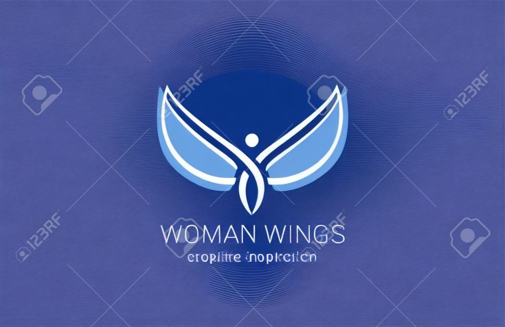 飛女子翅膀標誌抽象設計矢量模板。婦女店創意概念：如何讓女人幸福。天使標識圖標。