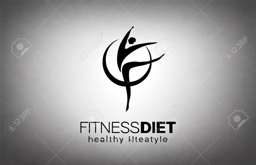 Fitness Dieta Zdrowy styl życia Logo design szablon wektora. Odżywianie gimnastyczny z Logotyp koncepcji. Dziewczyna tańczy ikona.
