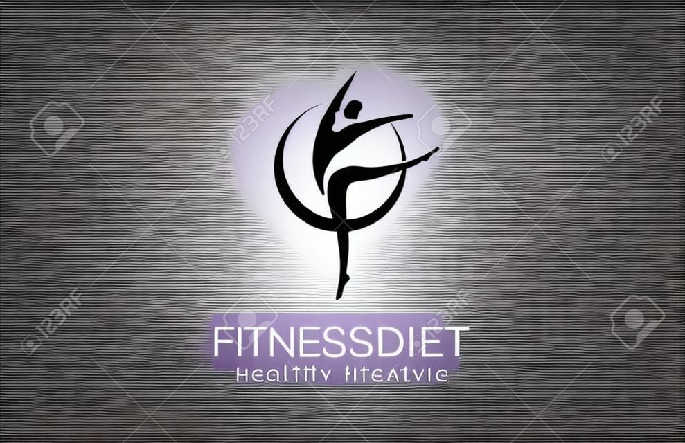 Fitness diéta egészséges életmód Logo tervezés vektor sablon. Torna egészségügyi táplálkozás Logó fogalmát. Lány tánc ikonra.