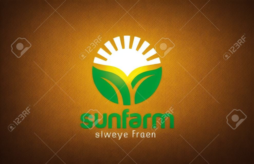 Солнце над завод Логотип Фарм круг формы дизайн вектор шаблон. Свежий Эко пищи Логотип концепции. Farm Products значок магазина.