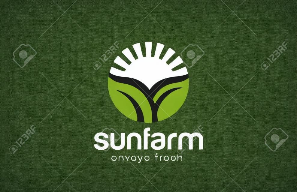 Sun sobre la Planta Logo Granja forma de círculo plantilla de diseño vectorial. Concepto fresco Logotipo alimentos Eco. Productos agrícolas tienda de icono.