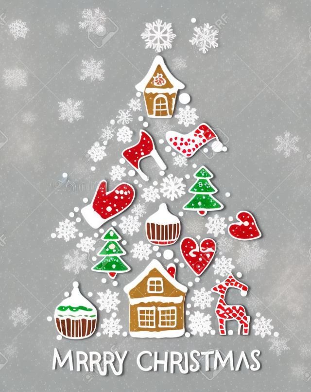 Buon Natale. Carino illustrazione vettoriale di un albero di Natale a forma di pan di zenzero e fiocchi di neve. Disegno a mano libera