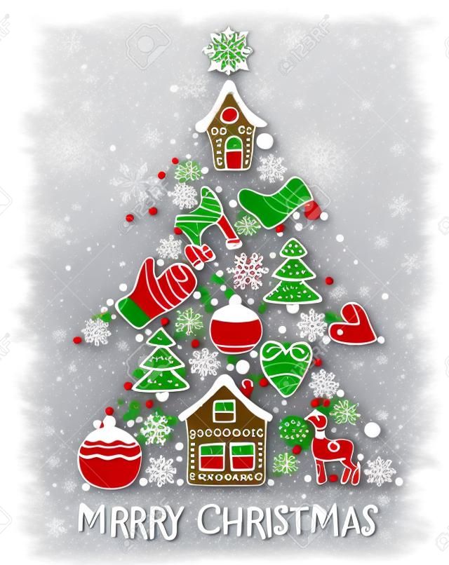 Buon Natale. Carino illustrazione vettoriale di un albero di Natale a forma di pan di zenzero e fiocchi di neve. Disegno a mano libera