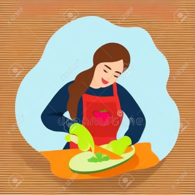 여자는 천연 건강 식품을 요리하고 있습니다. 앞치마를 입은 소녀는 채소를 샐러드로 자른다. 플랫 만화 벡터 일러스트 레이 션