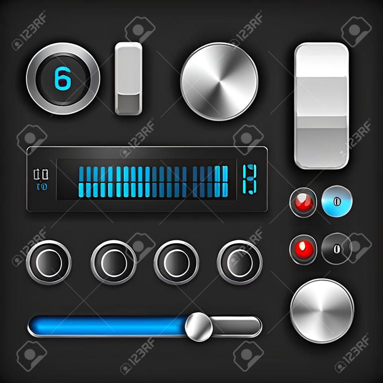 Hi-End User Interface Elements  Buttons, Switchers, On, Off, Player, Audio, Video  Play, Stop, Next, Pause, Volume, Equalizer, Power, Screen, Track