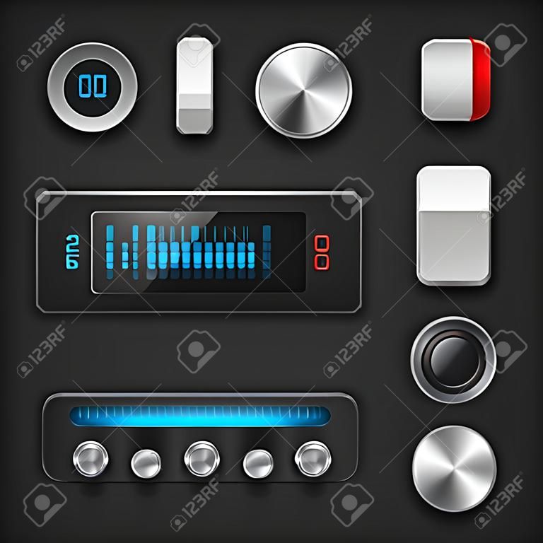Hi-End User Interface Elements  Buttons, Switchers, On, Off, Player, Audio, Video  Play, Stop, Next, Pause, Volume, Equalizer, Power, Screen, Track