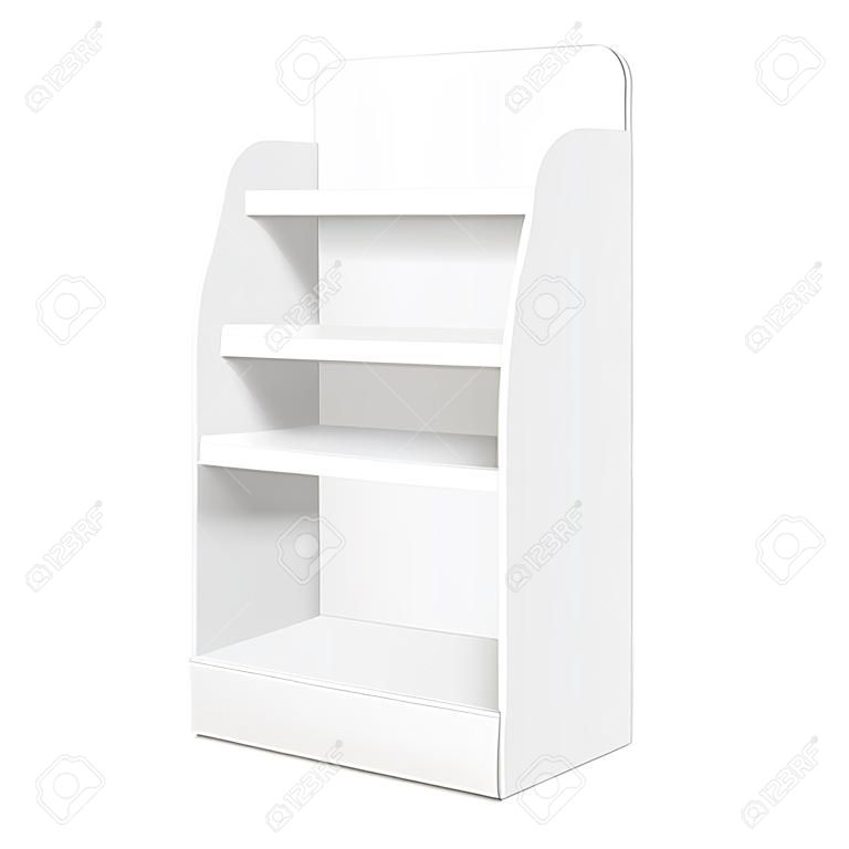 White POS POI Cardboard Blank Empty Displays With Shelves Products On White Background Isolated. Ready For Your Design. Product Packing. Vector EPS10