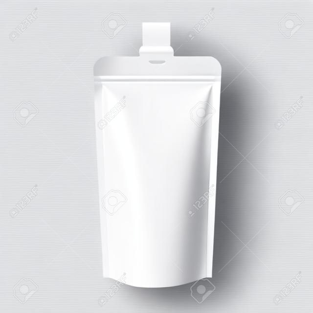 White Blank Doy-pack, Doypack Food Bag Packaging With Spout Lid. Products On White Background Isolated. Ready For Your Design. Product Packing. Vector EPS10